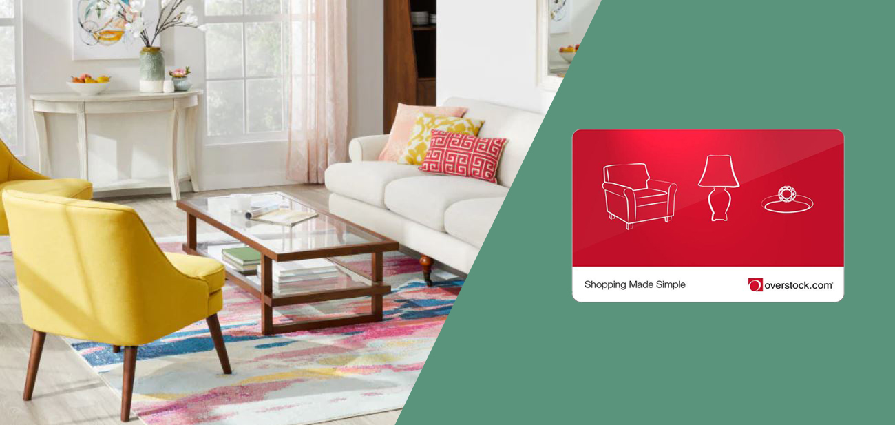 Overstock.com gift card is displayed against a backdrop of a beautifully-furnished living room.